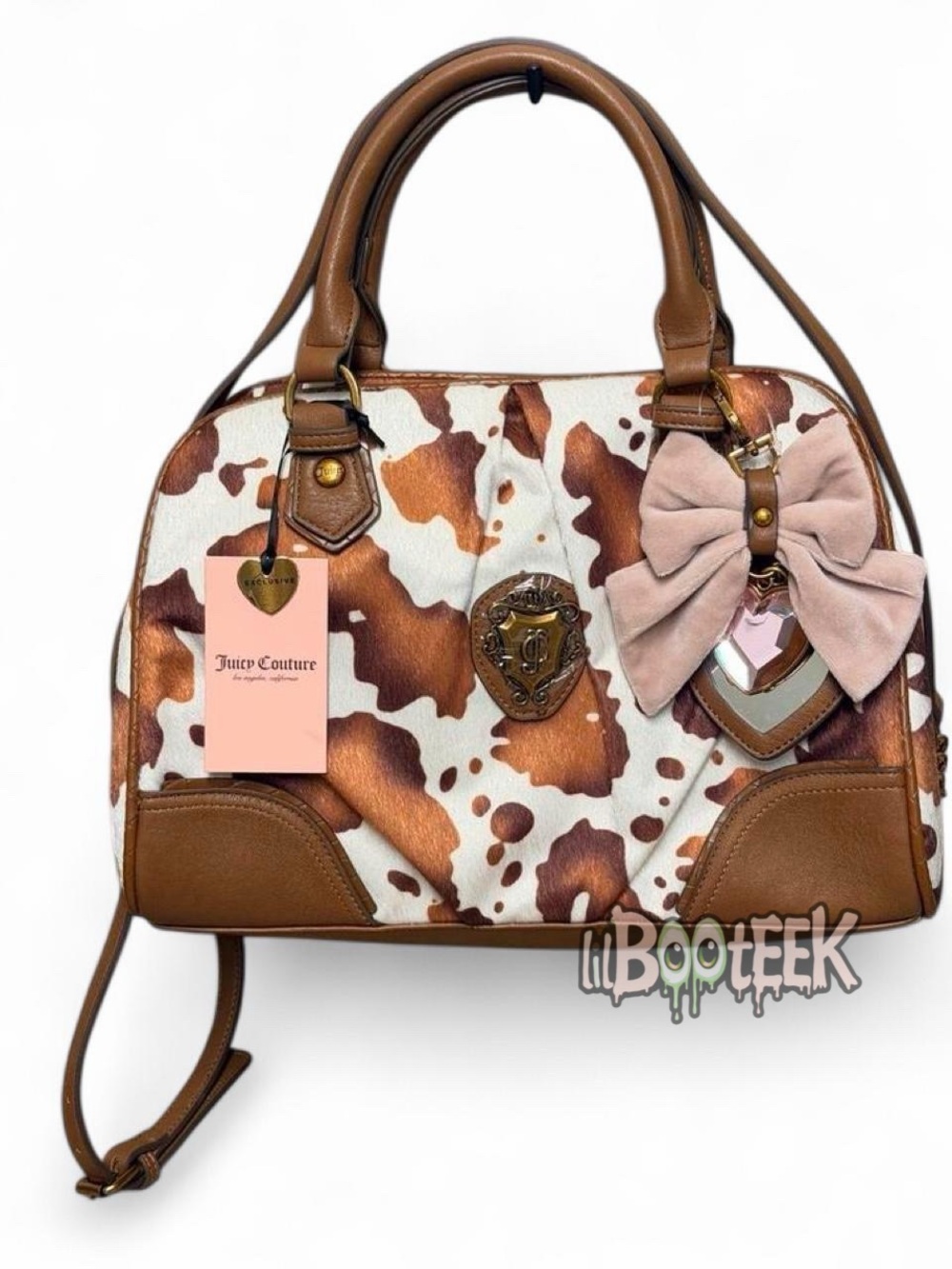 Juicy Couture Brown Cow Print Satchel Handbag w Pink Bow Mirror Charm VIRAL Y2K